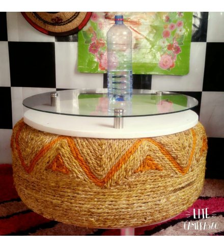 Round Afro Deco Glass and Acrylic Orange Rope Woven 4 stay Coffee Table (USD)