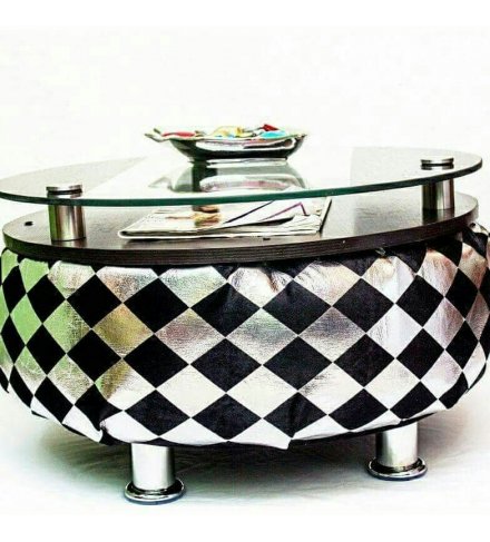Round Afro Deco Glass Aluminium and Acrylic Silver and Black Cloth Motive 4 stay Coffee Table (USD)