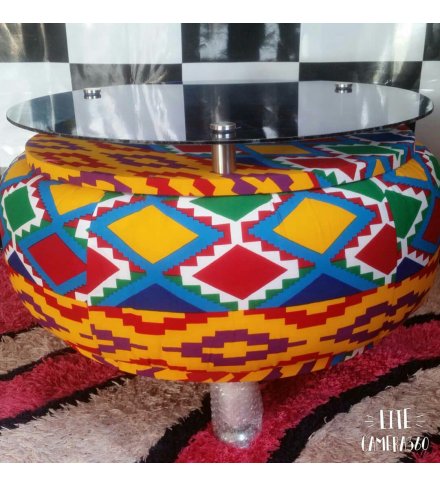 Round Afro Deco Glass Aluminium and Acrylic Africa Cloth Motive 4 stay Coffee Table (USD)