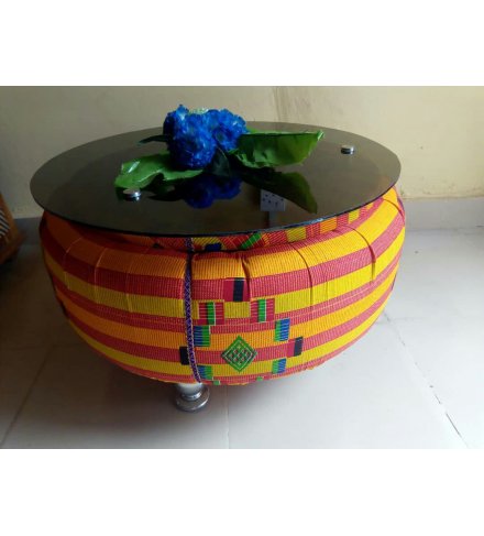 Round Afro Deco Glass Aluminium and Acrylic Africa Orange Cloth Motive 4 stay Coffee Table (USD)