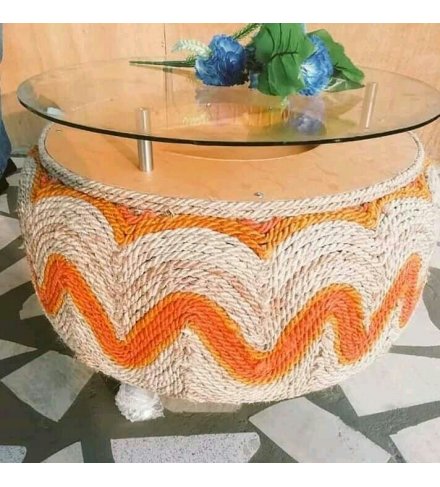 Round Afro Deco Glass and Wood Orange Rope Woven 4 stay Coffee Table (USD)